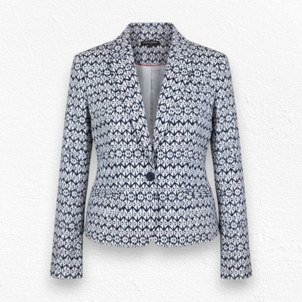 Mario Serrani Navy White Geometric Designer Luxe Crop Blazer Jacket Size 2